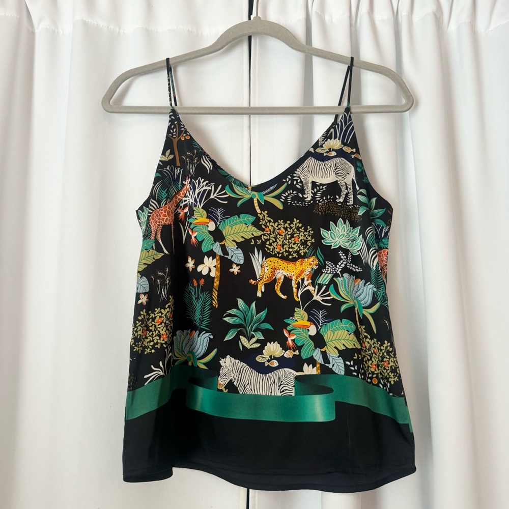 Green Sleeveless Jungle Print Flora and Fauna Satin Tank Top Size Medium